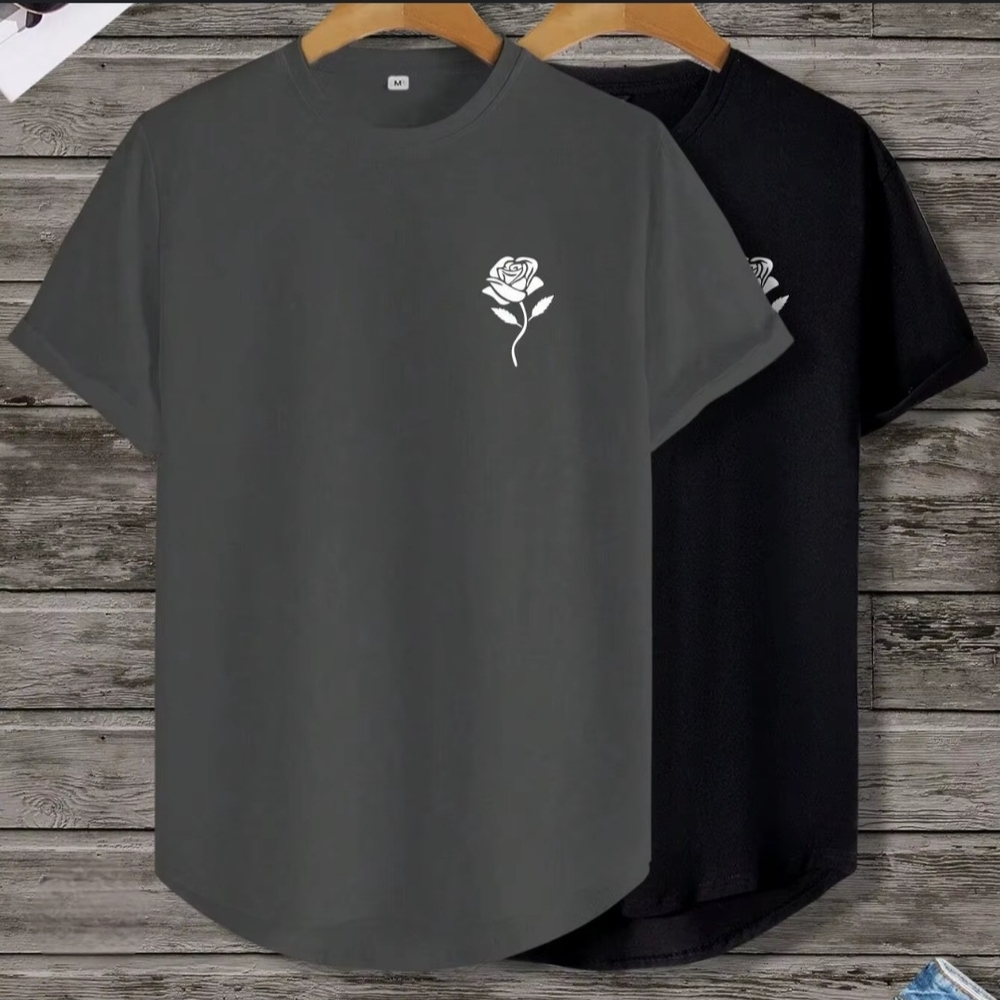 Men's Gray and Black Rose Print T-Shirts